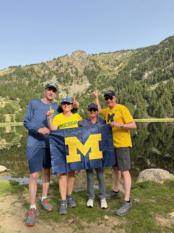Four alums celebrated friendship and good health on a hiking trip in the Pyrenees mountains, on the border of Spain and France, during a September 2023 trip. From left to right are: Steve Wachs, ’86, MA’02, Tereze Steinhoff, ’86, DDS’90, Allise Wachs, ’86, MA’87, MS’93, PhD’98,and Edward Steinhoff, MBA’86.