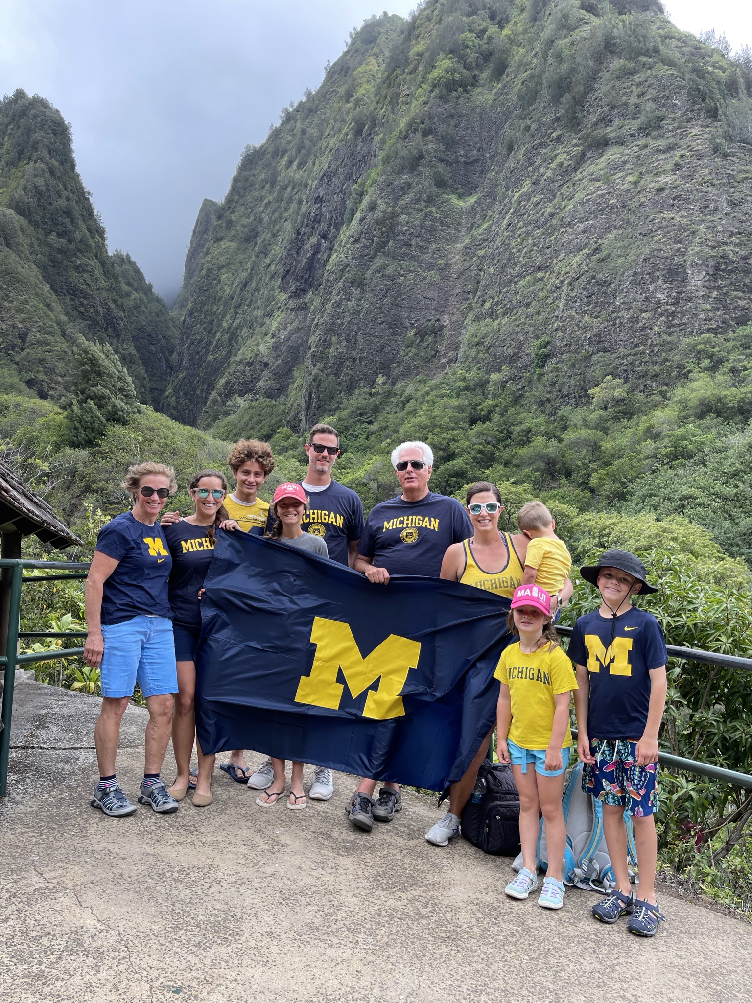 After meeting during their freshman year at U-M, Tom Studenski, ’79, and Diane Harnica-Studenski, ’81, celebrated 40 years of marriage by visiting the Io Valley State Monument in Maui, Hawaii, with their children and grandchildren: Sindri, Alex, Isabella; siblings Matt Studenski, ’05, MSE’06 and Jackie Studenski-Parker, ’07, DPT’10; and Jordan, Jillian, and Jay.
