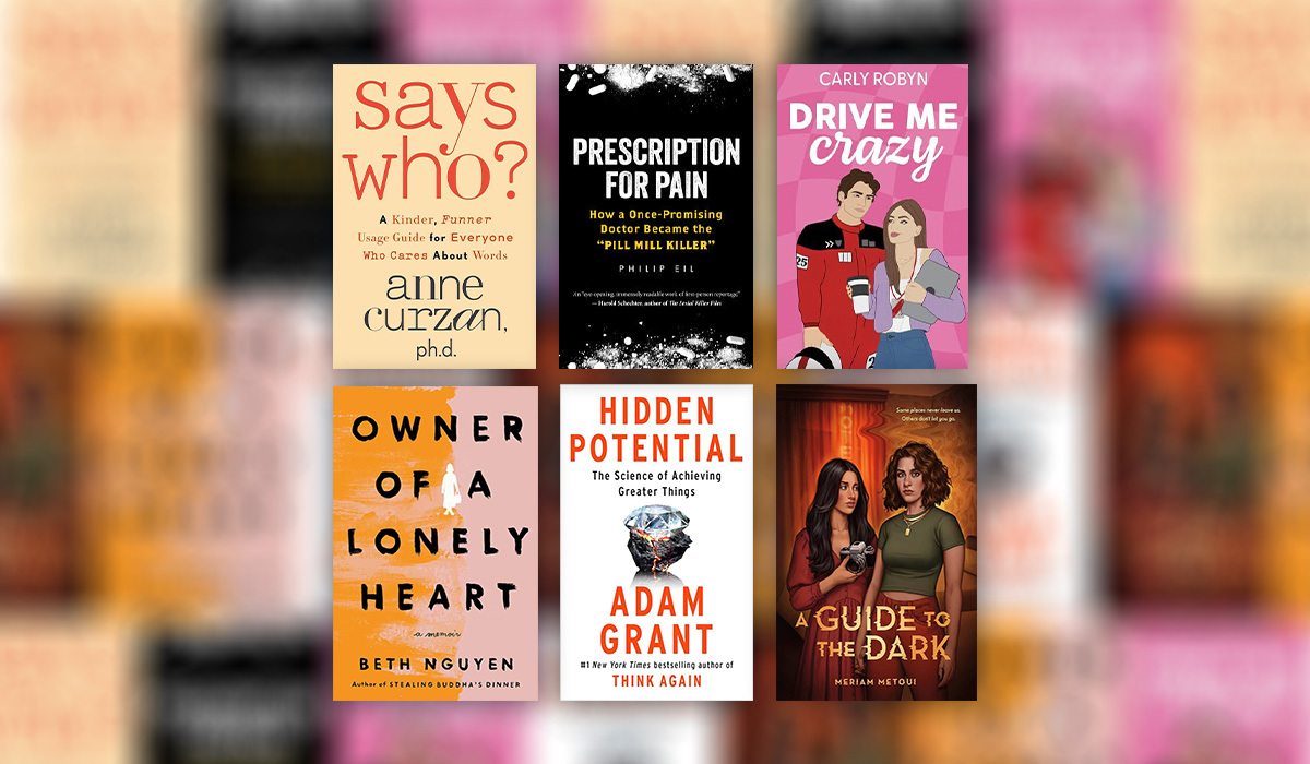 6 book covers in a grid with a blurred background.