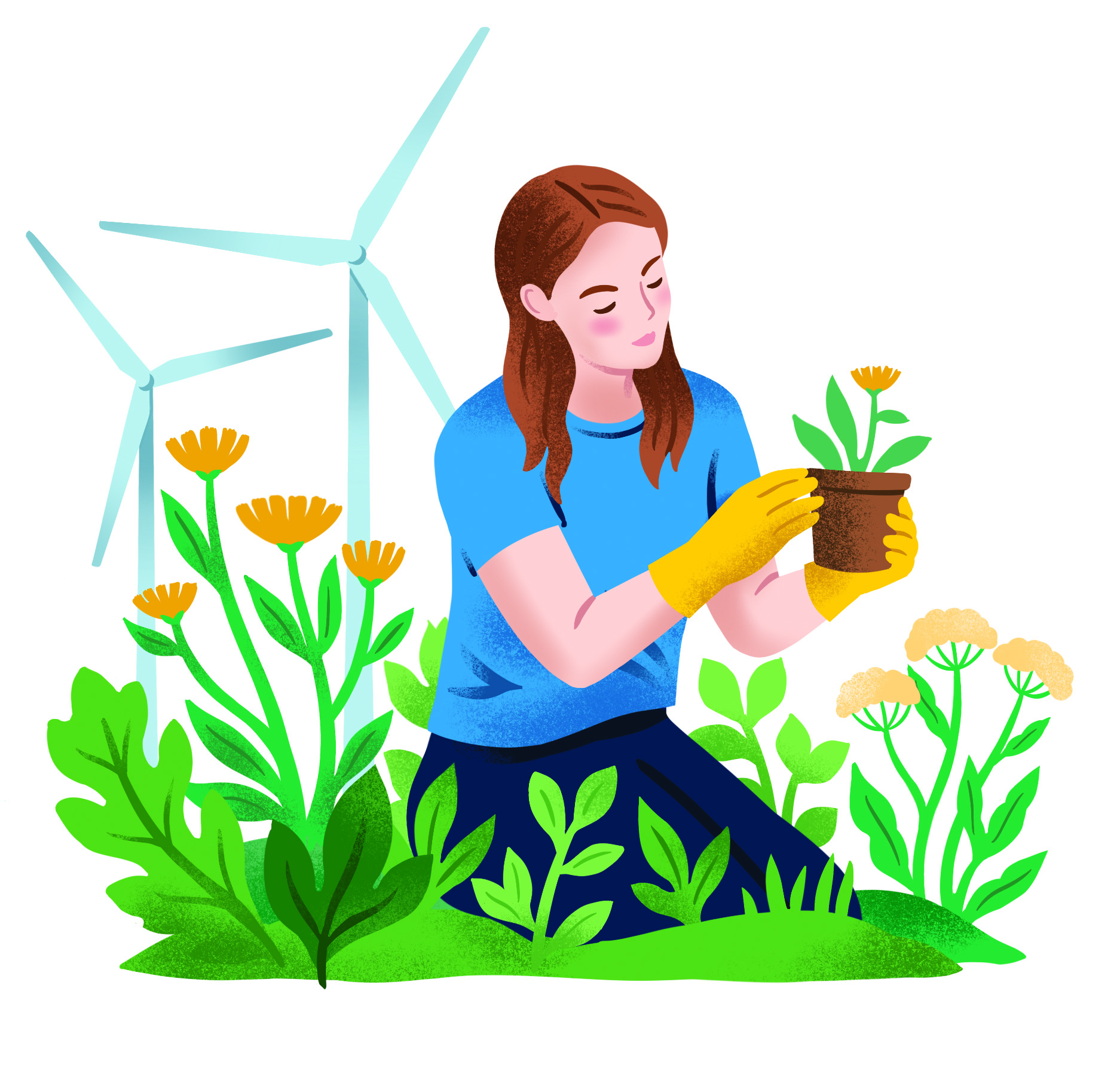 Illustration of a white woman with light brown hair in a blue shirt and yellow gloves kneeling in a garden with yellow and green flowers with wind turbines behind her.