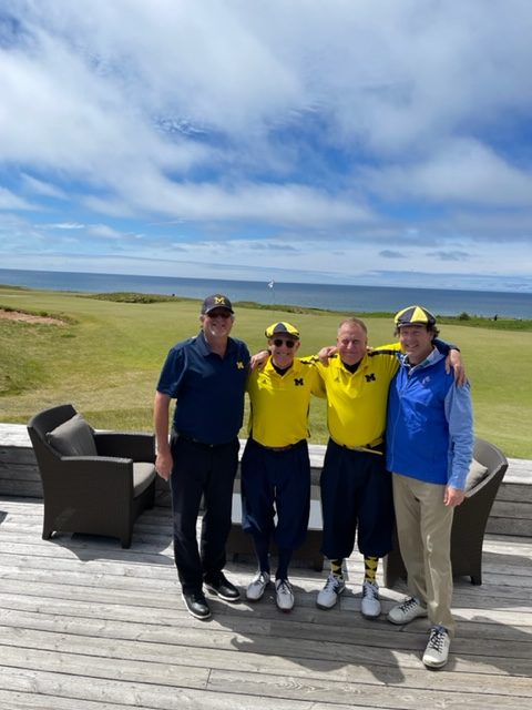 Wolverine friends gathered for golf at Cabot Links in Nova Scotia in June. From left to right are Sanford Sherman, ’79; Henry Engelhardt, ’79; Brian Tanenbaum, ‘8; and Curt Nerenberg, MBA’82.
