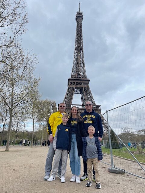 Steven Tollefson, ’81, DDS’85, his daughter, Jill Wiseman, ’11, her husband, Kyle Wiseman, ’10, and their sons (and future Wolverines) Carter and Theo visited Paris during a recent trip.