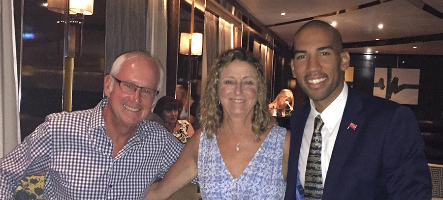 (From left) Randall Torno and wife, Janet Torno, ’72, met Jonathan Christopher, ’10, a fantastic performer and graduate from the School of Music, Theatre & Dance aboard a cruise in Australia.