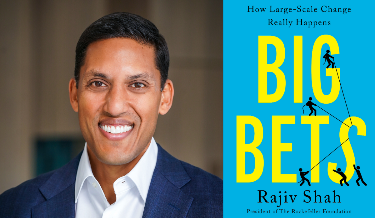 Rajiv Shah, left, and his book, right, called "Big Bets." The book is light blue with yellow writing. Rajiv has short dark hair, is smiling, and is wearing a blue blazer with a white button down shirt.