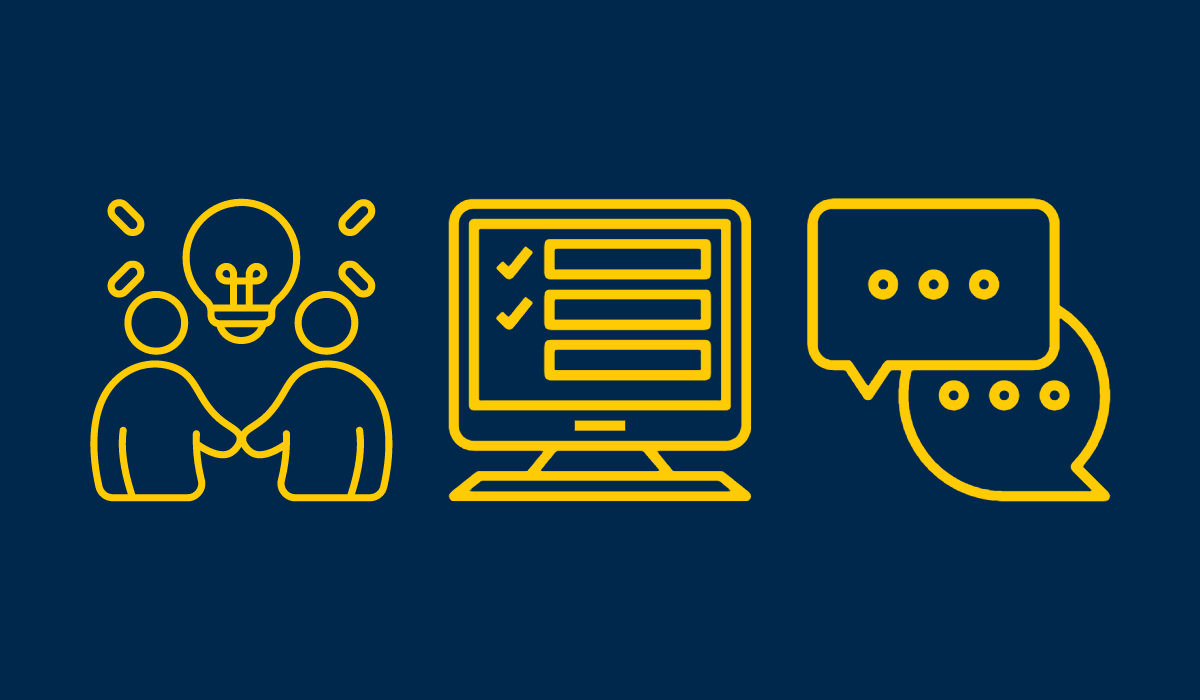 Three yellow icons on a blue background. The first is two people talking with a lightbulb, the second is a checklist on a computer, and the third is two speech bubbles.