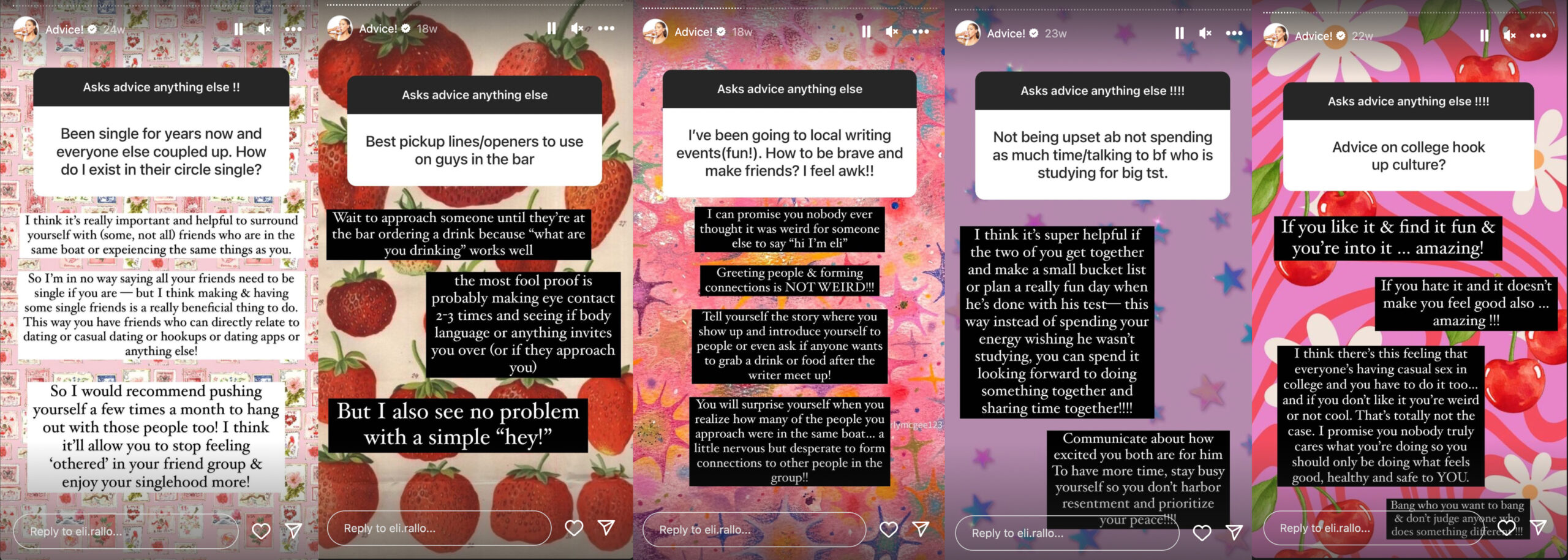 Five screenshots from Eli Rallo's saved "Advice" stories on Instagram.