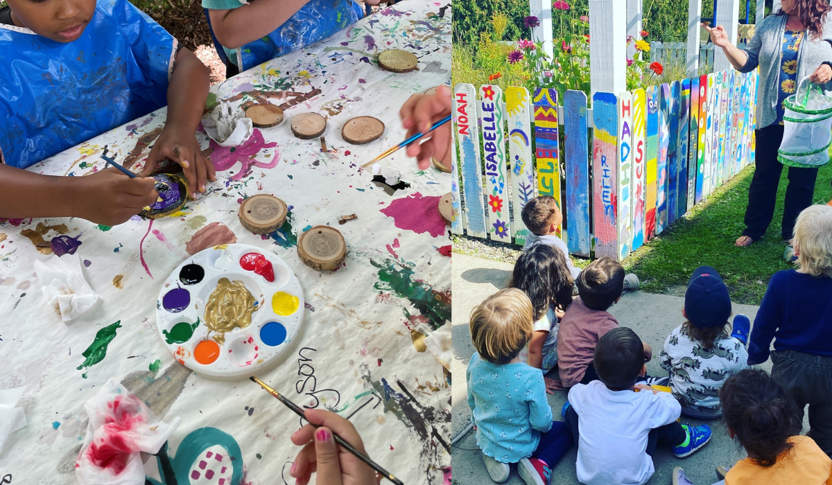 On the left, young children paint small slices of wood messily. On the right, a group of children sit facing away as an adult, standing, holds a butterfly home next to a colorfully painted garden fence.