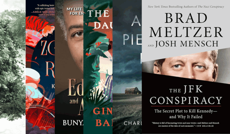 Six book covers in a row overlapping each other, with Brad Meltzer's "The JFK Conspiracy" on top.