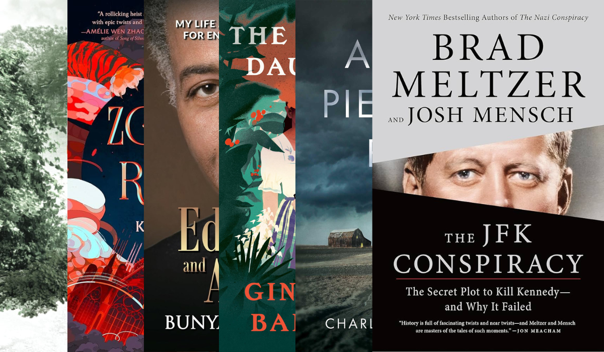 Six book covers in a row overlapping each other, with Brad Meltzer's "The JFK Conspiracy" on top.