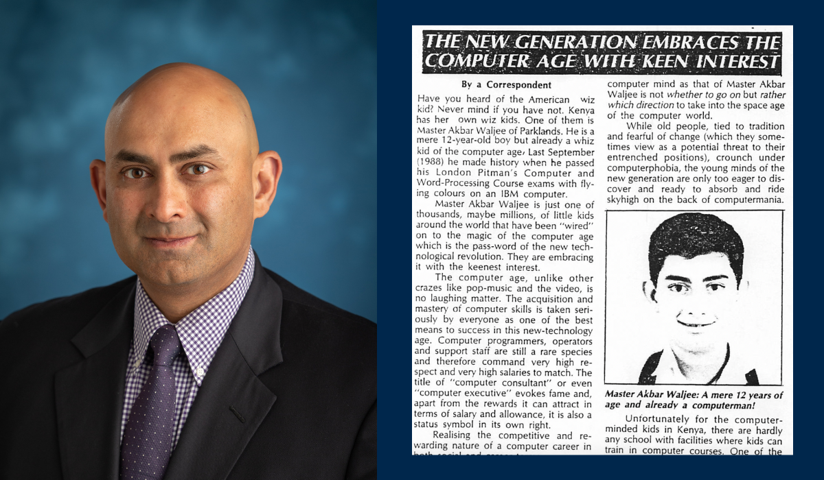 On the left is a headshot of Akbar Waljee, in a suit jacket, button down, and tie. On the right is part of an older scanned copy of a magazine article that featured Akbar Waljee at 12 years old.