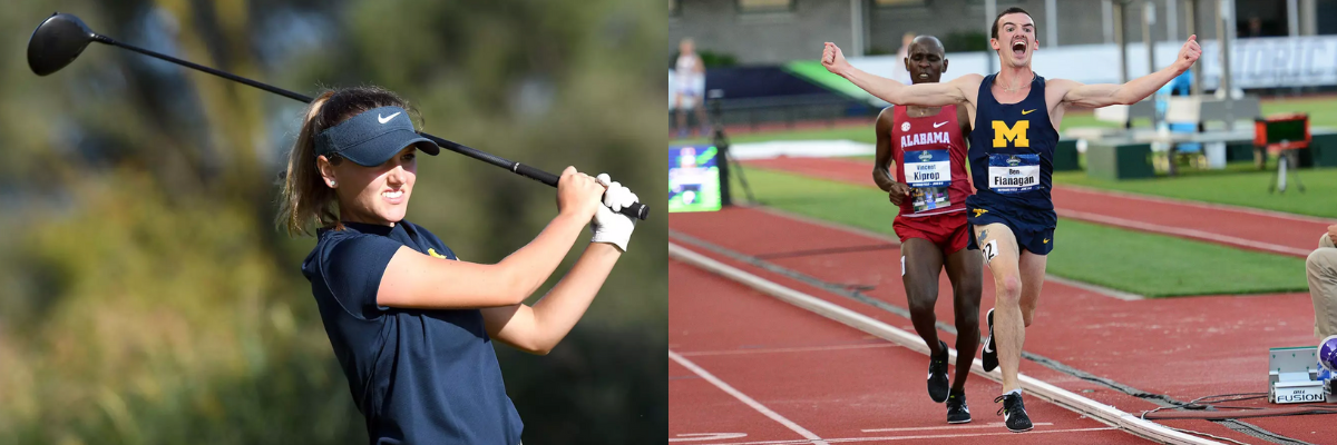 A photo on the left of Hannah playing golf at U-M and on the right of Ben running a race at U-M with his arms wide open.