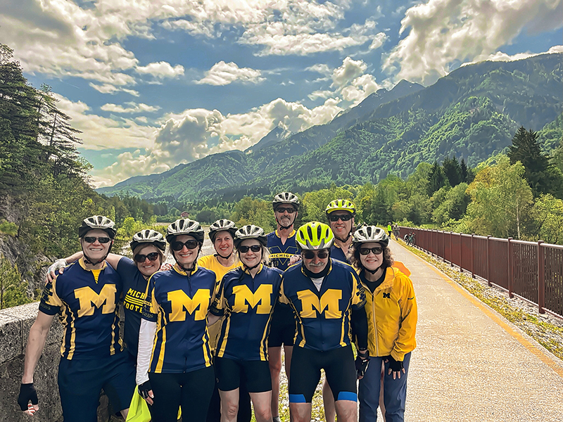 Celebrating 41 years of friendship, a group of grads took a biking trip through Austria, Italy, and Slovenia. In the front row, left to right, are Scott Springmier, ’82, Wendy Kenyon, ’82, Kim Adler, ’85, Sue van Oss, ’82, Phil Korest, ’83, and Kathy Springmier, ’81; in the back row, left to right, are Jane Korest, ’82, Phil van Oss, ’82, and Rick Adler, ’74.