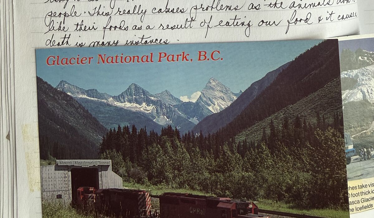 A photographic postcard of a bright and forested Glacier National Park in British Columbia, Canada, lying on top of a journal page filled with written notes.