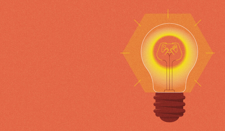 A mostly orange image with a lightbulb on the right side that has hands holding a video game controller inside of them.