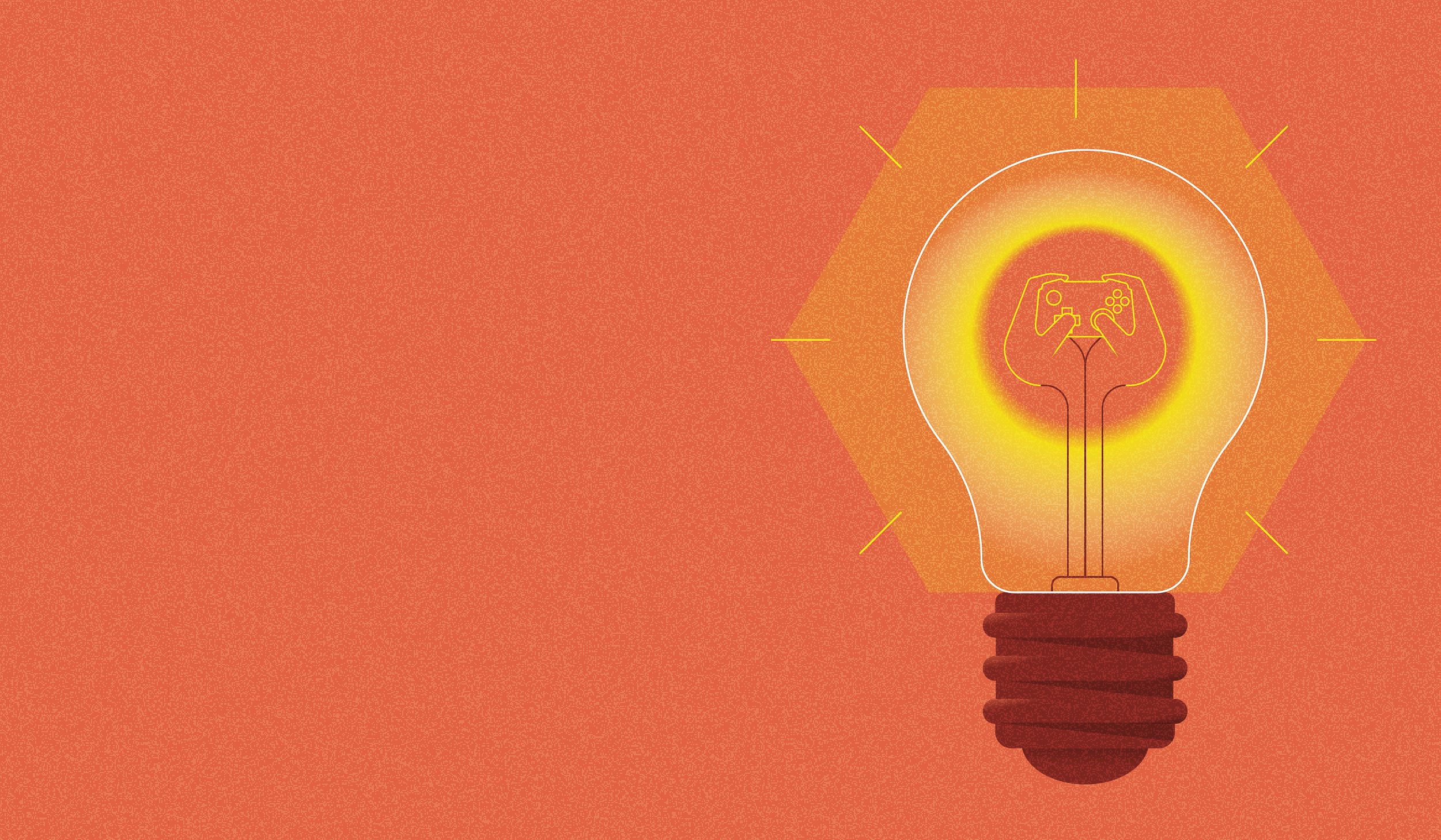 A mostly orange image with a lightbulb on the right side that has hands holding a video game controller inside of them.