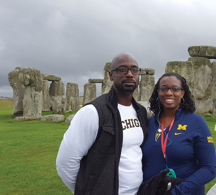 In September, Anthony W. Echols, ’91, MBA’95, JD’96, and wife Marijata C. Daniel-Echols, ’92, MPP’96, PhD’01, took Wolverine pride to Stonehenge.