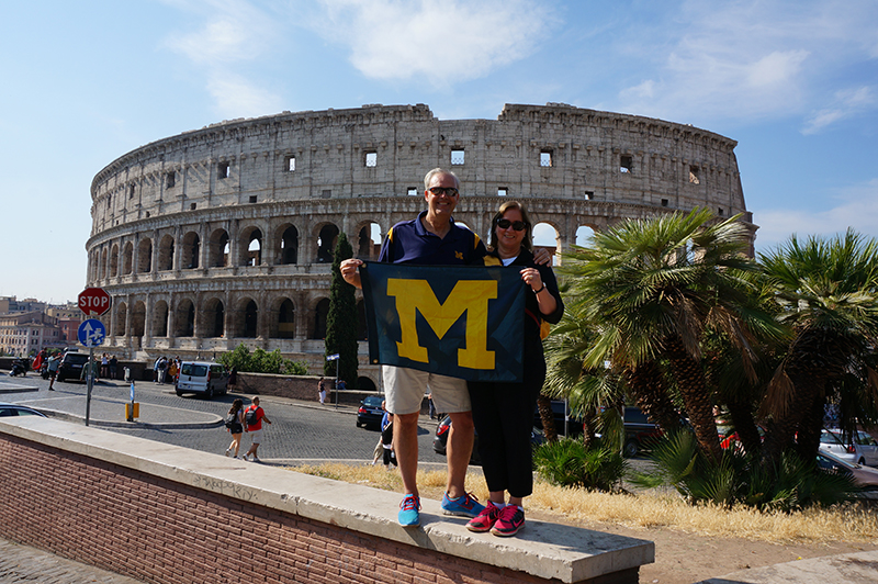 Dave Swan, ’80, DDS’84, and Lynn Swan, ’79, MD’84, MDRES’87, representing in Rome in June 2017. They were in Europe meeting their daughter and current U-M student, Elizabeth, who was studying in Granada, Spain.