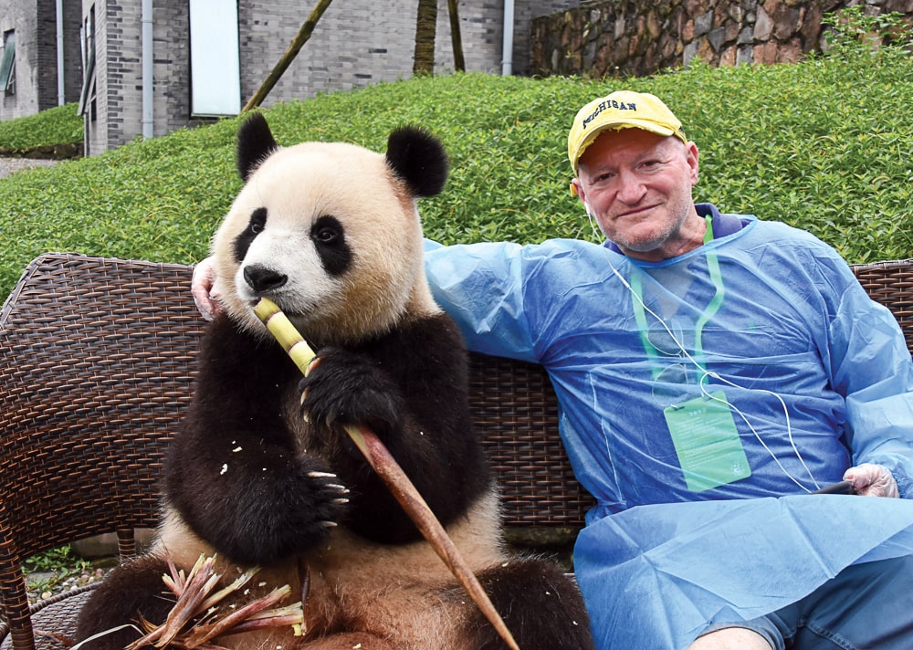 James Sprayregen, ’82, (the one in the U-M hat) rested for a spell at the Chengdu Research Base of Giant Panda Breeding on a recent trip to China.