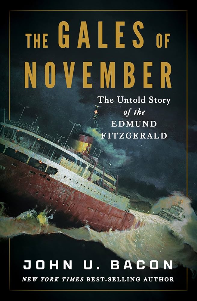 The cover of "The Gales of November" which depicts a ship on choppy waters at night.