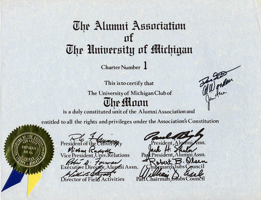 The U-M Club of The Moon certificate.