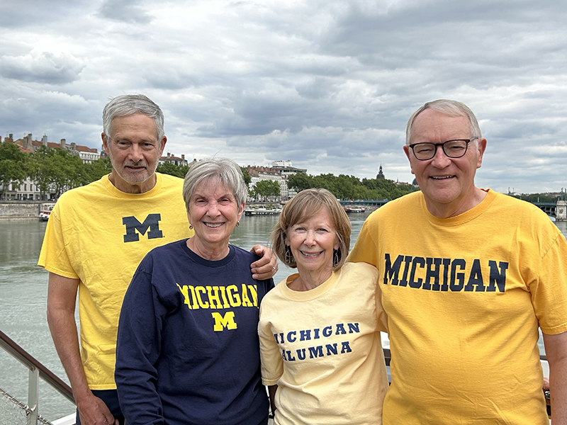 Four U-M grads enjoyed southern France while celebrating their 75th birthdays, 54 years of friendship, and 51 years of marriage each. From left to right are Tim Thieme, ‘71, MPH’74, MBA’79, Janet Stefango Thieme, ’71, Sandy Engel Welch, ‘71, MBA’81, and Fred Welch, ’71, MBA’73.