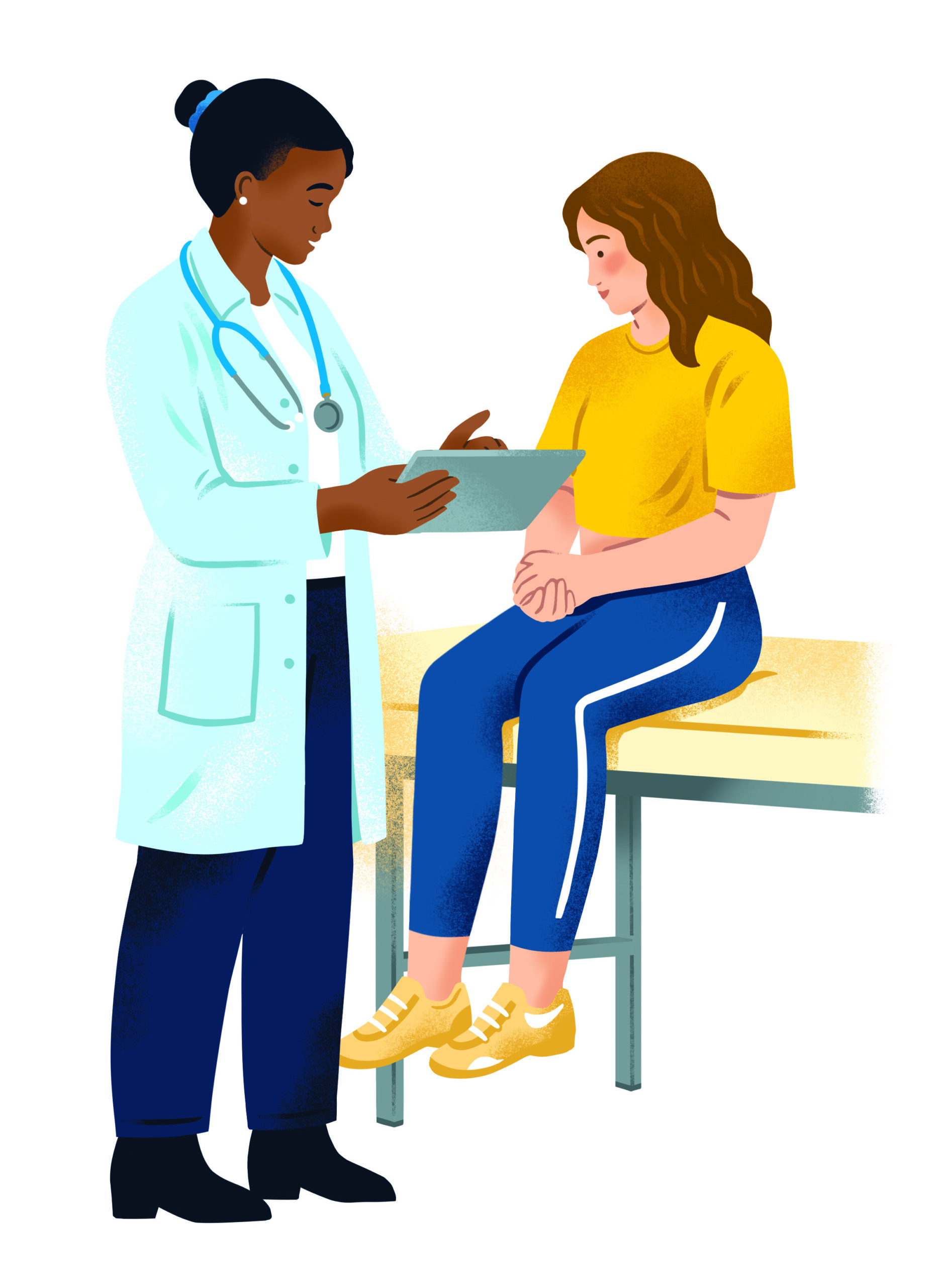 A Black woman doctor, left, in a light blue lab coat and dark blue pants, gestures to a clipboard while speaking to a white woman in blue pants and a yellow shirt who is sitting on an exam table.