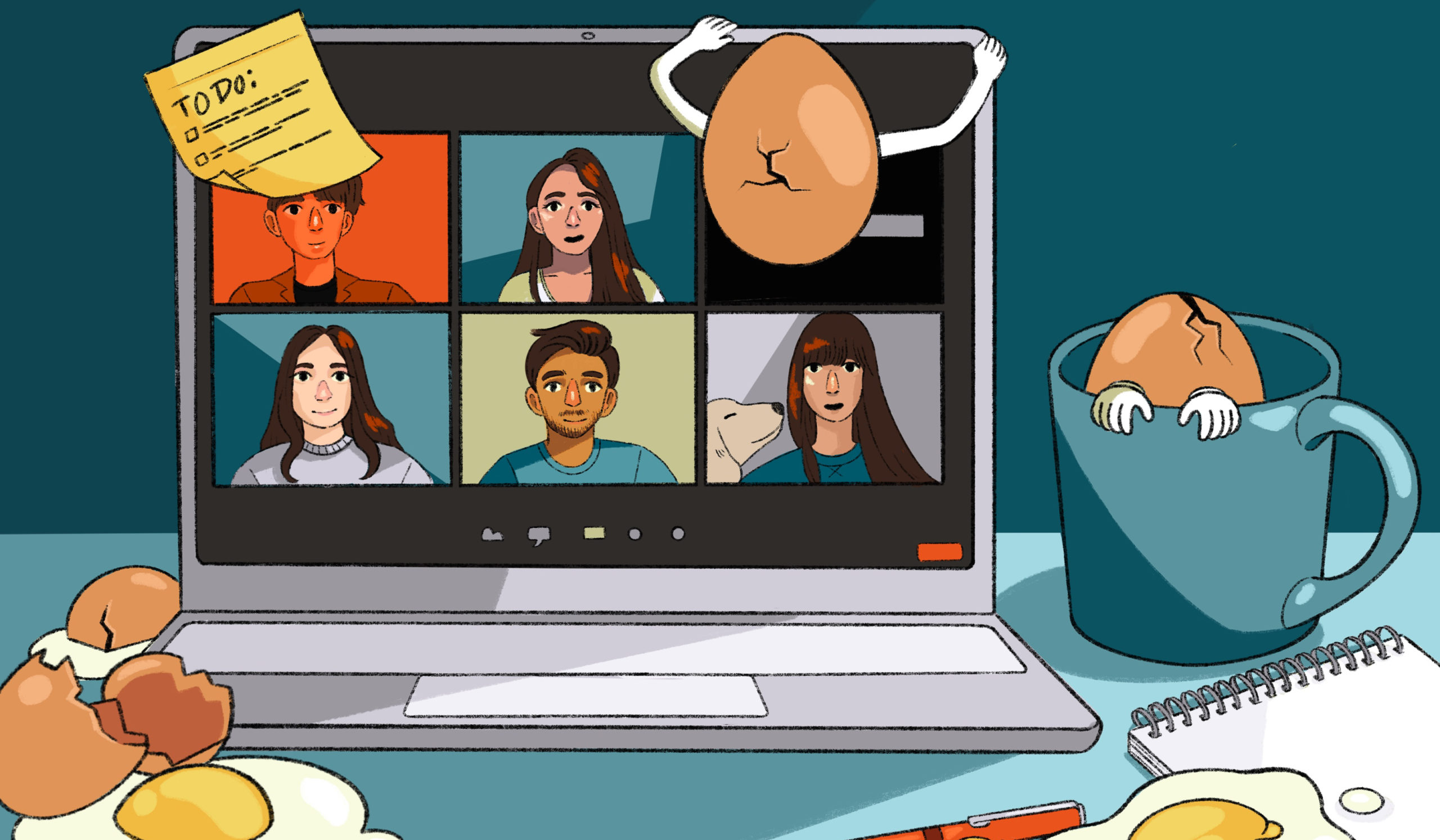 An illustrated image of five people on a Zoom call with a cartoon egg with arms climbing the computer screen and coming out of a coffee mug next to the computer. Two broken eggs are on the desk with a pad and pen.