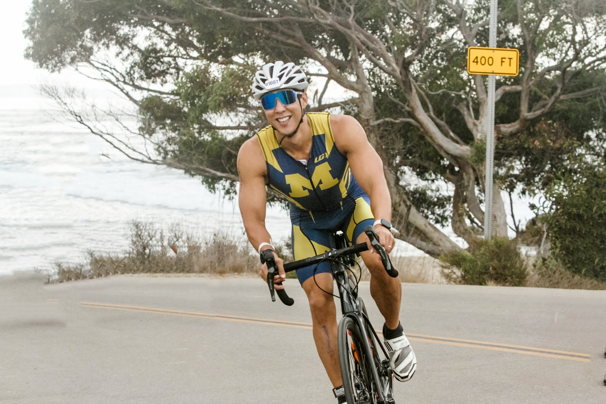 Tom Young, ’97, MBA’06, has competed in dozens of triathlon races over the past six years, including California’s Malibu Triathlon in August, and he has always repped the Maize and Blue. He finished this race in the top 10 of his age group.