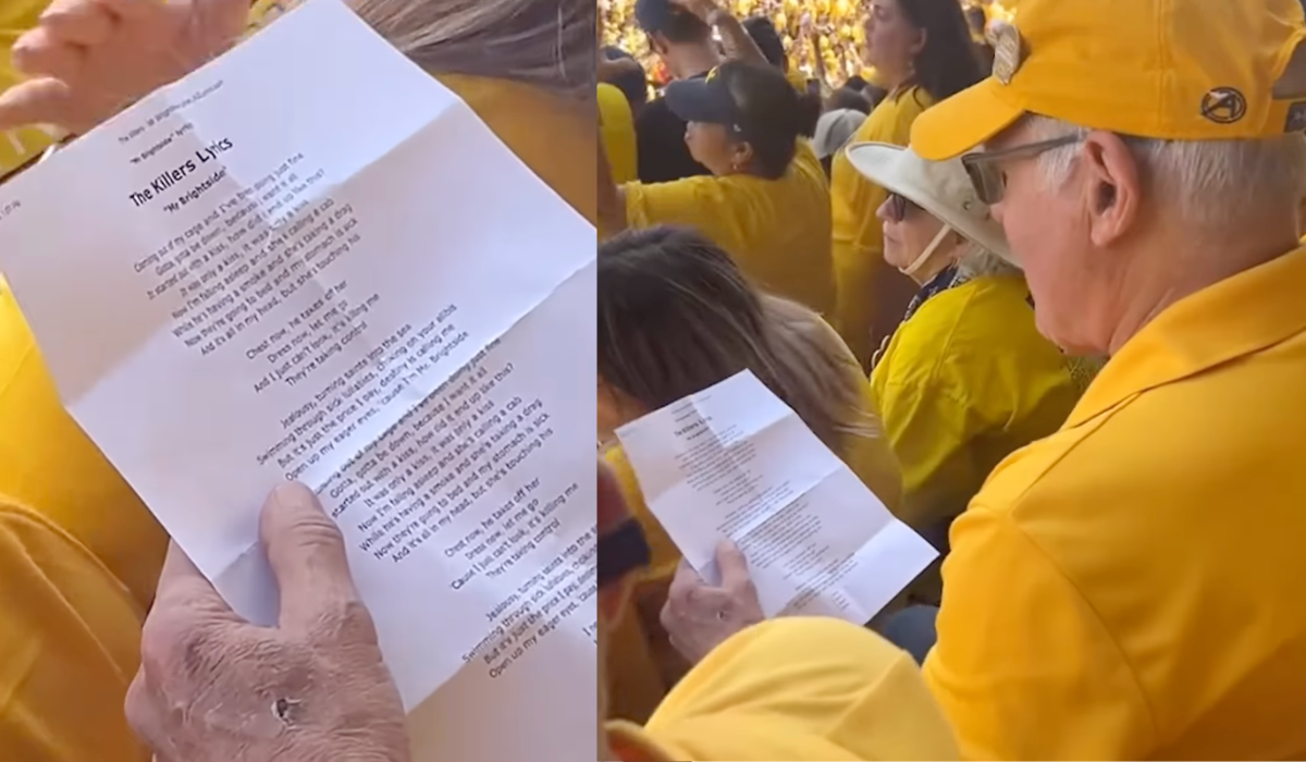 Two side-by-side images; on the left is a zoomed in photo of the printed lyrics to "Mr. Brightside" and on the right is a photo of a man in all yellow reading the lyrics.