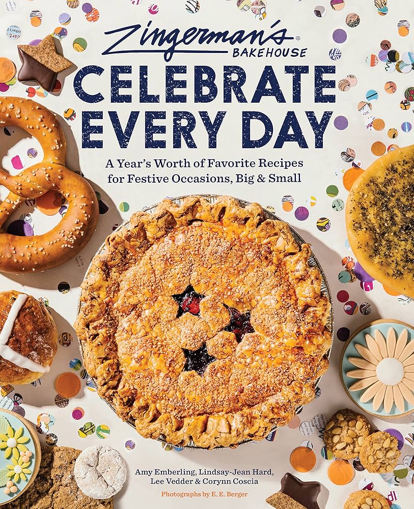 The cover of "Celebrate Every Day" shows a pie in the center with other baked goods and confetti around it.