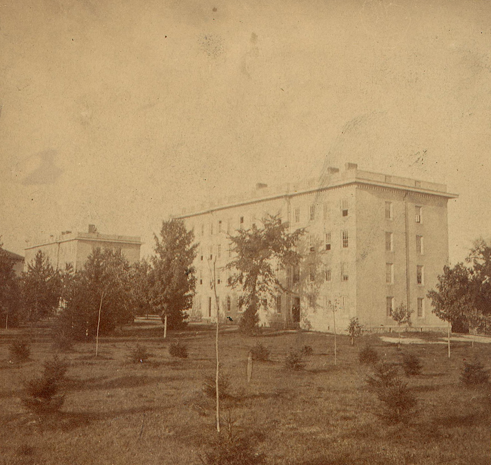 The original Mason Hall and a building called South College, circa 1850, served as both dorms and classrooms.