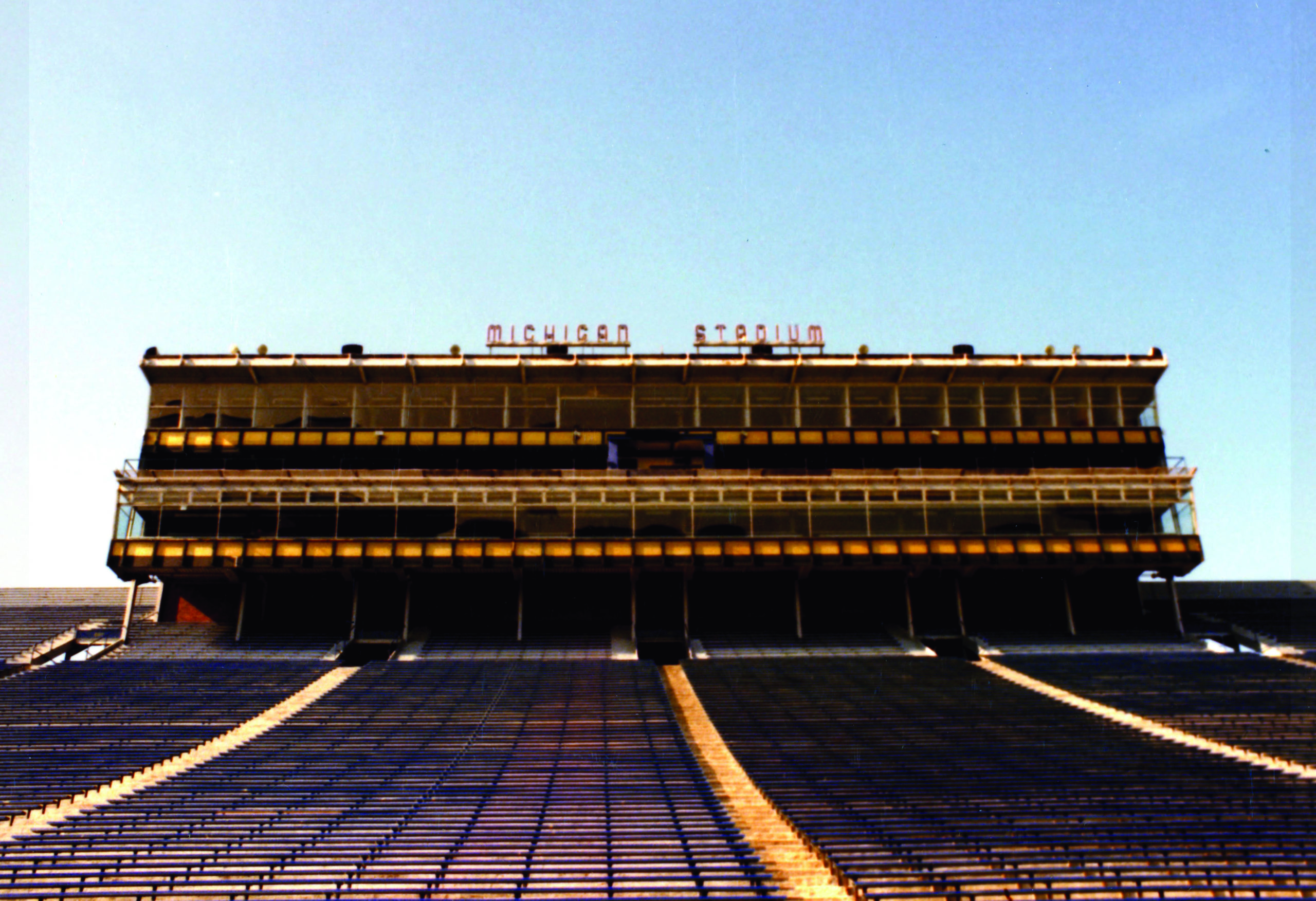 Vintage photo of the Michigan Stadium press box from the view of the field