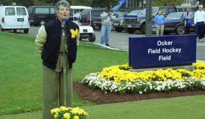 Phyllis Ocker speaking at Ocker Field Hockey Field