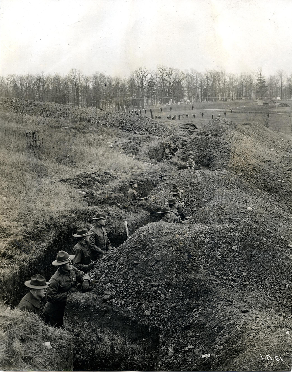 With World War I in progress, U-M students train in makeshift trenches near Ann Arbor’s Forest Hill Cemetery. For more information on how the Great War affected campus, read “For the Use of the Nation” in the winter 2018 issue of Michigan Alumnus.