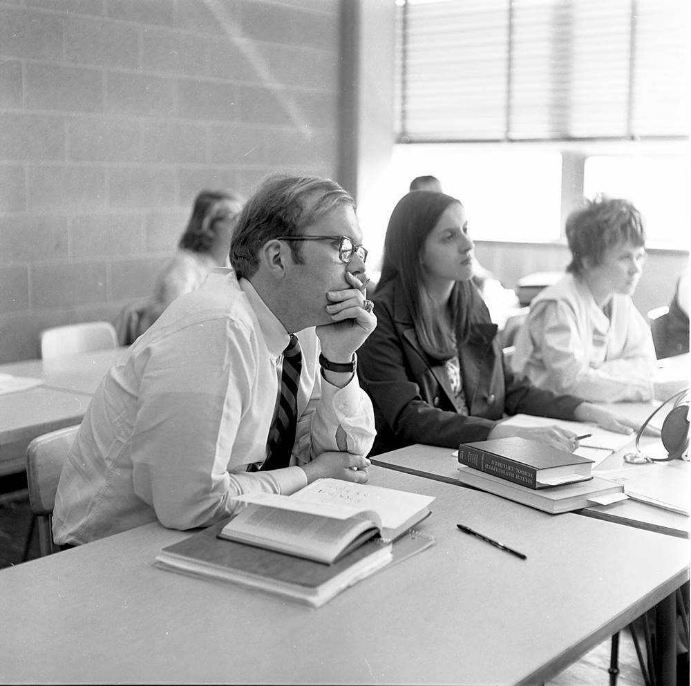 The University’s Flint and Dearborn campuses opened in 1956 and 1959, respectively. This 1971 photo shows a class of students in Dearborn.