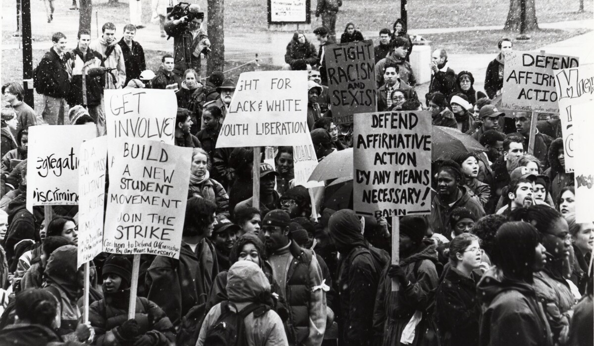 Black-and-white photo of students picketing in support of affirmative action during National Day of Action on Feb. 24, 1998.