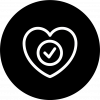 Black and white icon with a checkmark in a heart.
