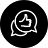 Black and white icon with two text bubbles and a thumbs up.