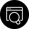 Black and white icon with a browser window and a magnifying glass.
