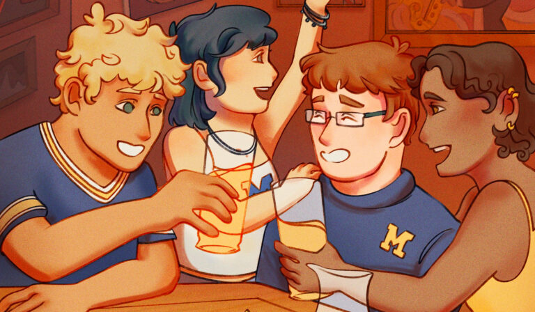 An illustration of four friends in Michigan clothing smiling at a restaurant. Two people raise two glasses of lemonade.