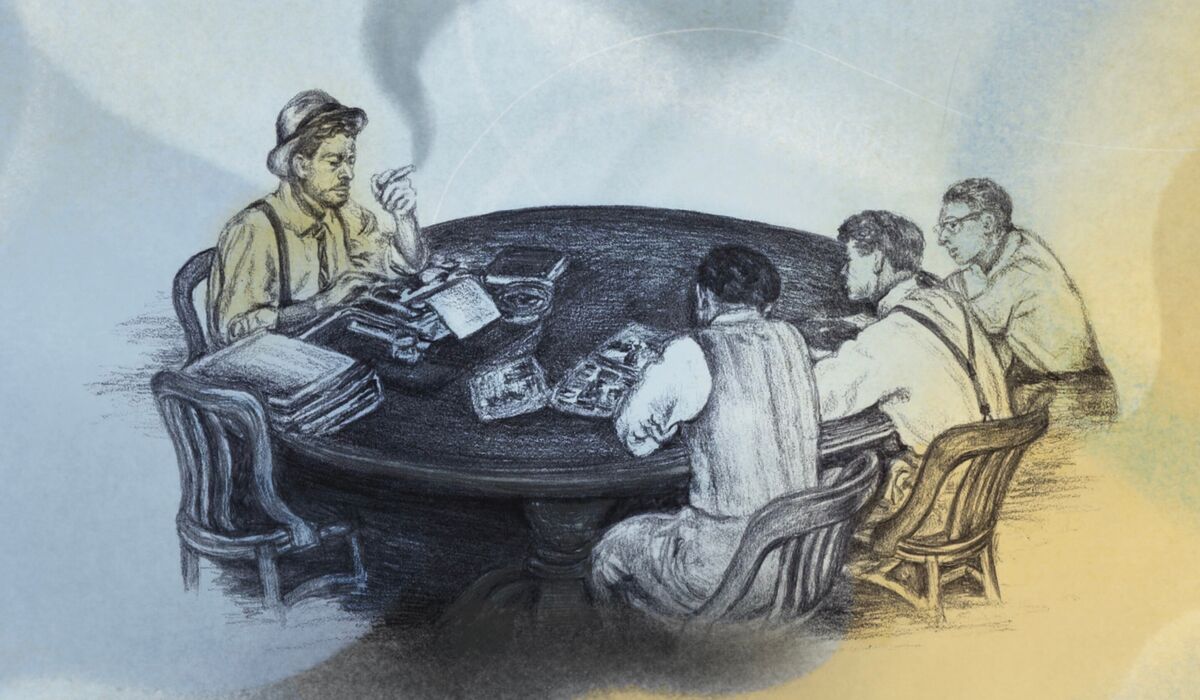 Monochromatic drawing of 1940s-era Michigan Daily reporters at an office table, on a faint maize and blue field
