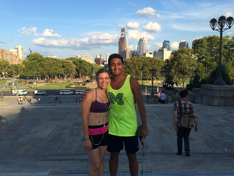 Neil K. Dhingra, ’10, and Amy A. Claeson, ’10, after a run to the top of the "Rocky Steps" at the Philadelphia Museum of Art.