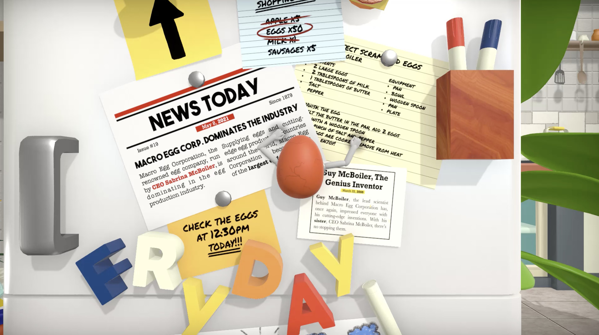 A screenshot from Yolked. A cartoon egg with cartoon arms climbs on papers attached to a white fridge.