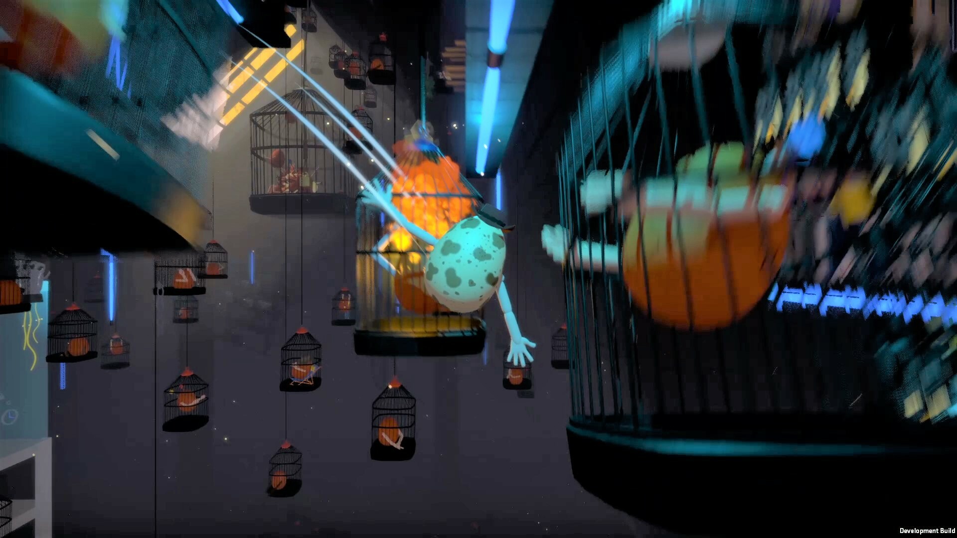 In this screenshot from Yolked, a speckled cartoon egg jumps between cages with other eggs inside in a dark room.