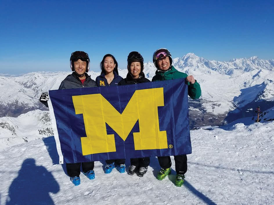 Andrew Park, current U-M student Elaine Park, Paula Park, ’88, MPH’91, MSW’91, and Yoonho Park, MSE’90, PhD’97, took a family photo on top of Aiguille Rouge in France.