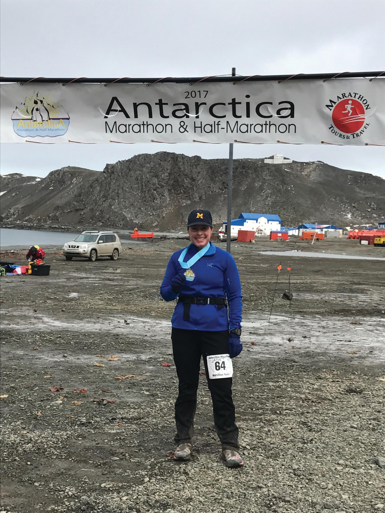 Janet Ingram Villiotte, ’93, crossed the finish line of the 2017 Antarctica Marathon.